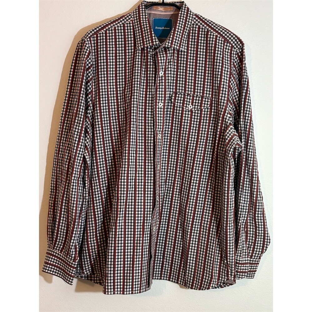 Tommy Bahama Button-Up Shirt Mens XL Brown Check Long Sleeve Chest Pocket